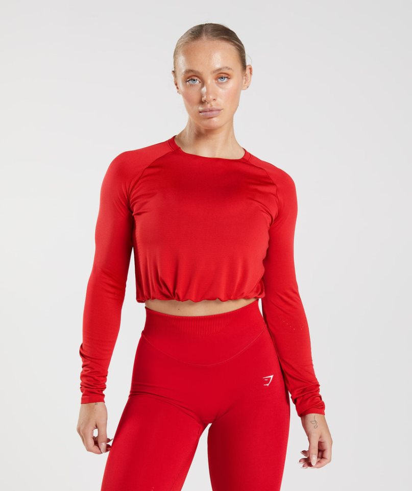 Women\'s Gymshark Sweat Seamless Long Sleeve Cropped Tops Red | NZ 6DOGPH